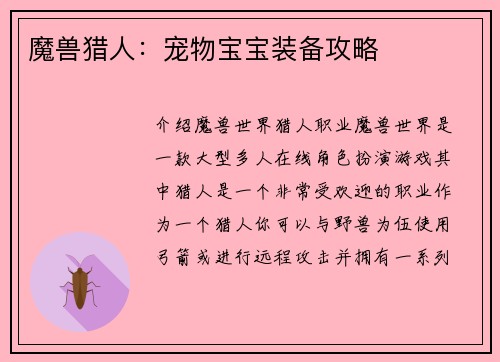 魔兽猎人：宠物宝宝装备攻略